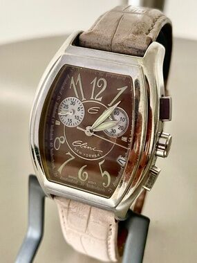 Vintage Elini Yorker, Luxury Quartz Swiss Chronograph Watch with brown mother of